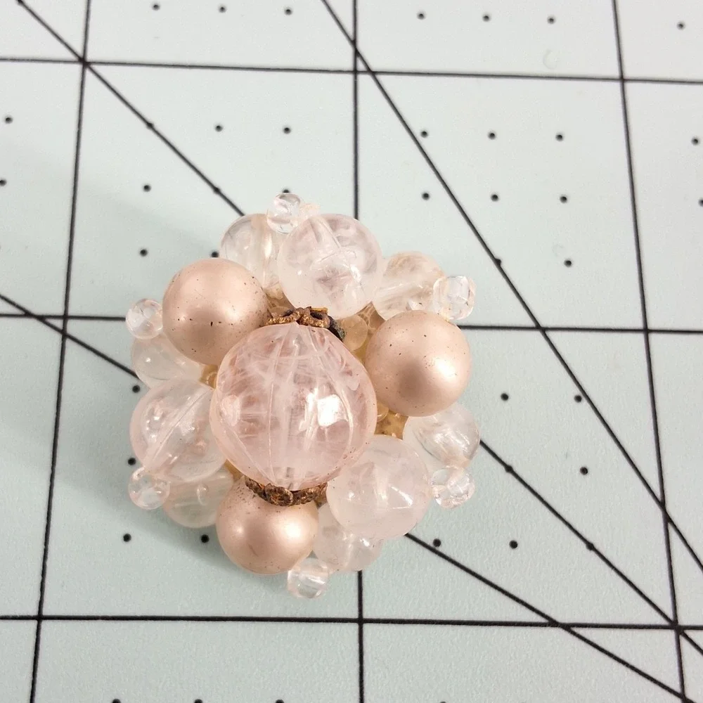 Vintage West Germany‎ Pink Swirl Lucite & Faux Pearl Cluster Clip-On Earrings